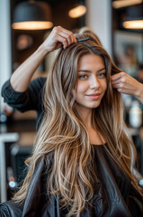 Fototapeta premium A young woman with long blonde hair sits in a beauty salon. A hairdresser is styling her hair, creating a chic hairstyle.