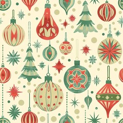 A seamless pattern showcasing vintage-style Christmas ornaments and wrapping paper, intricately designed for a nostalgic holiday feel