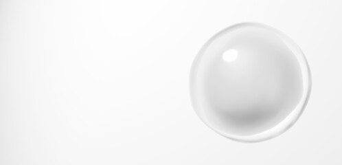 透明の美しい液体の中に白い球体。白色背景。コピースペース。3D（横長）