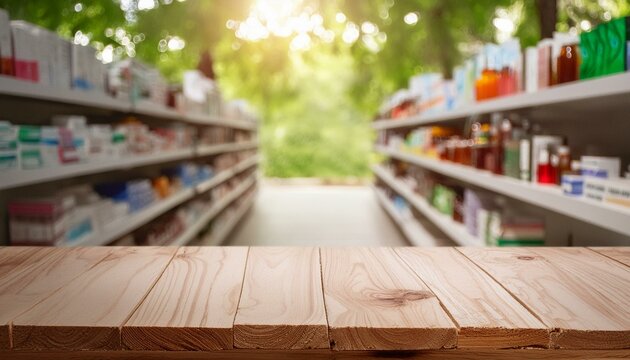 shopping in pharmacy, Pharmacy rustic an empty light wooden table counter with medicines healthcare product arranged on shelves in drugstore blurred defocused background wallpaper