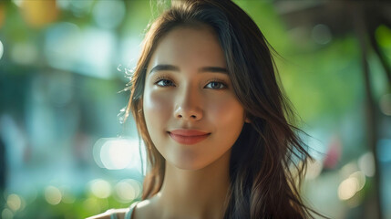Fototapeta premium A beautiful woman with long hair and green background.