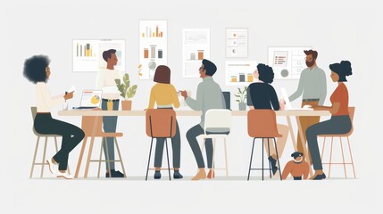 flat vector illustration of office in a relaxed business team meeting atmosphere