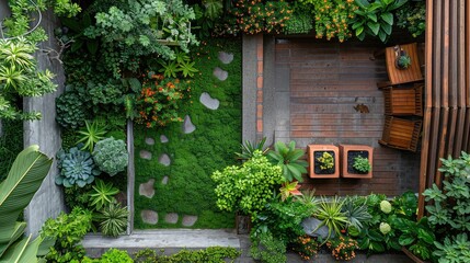 The beautiful summer garden at home boasts a stunning design with lush green trees, vibrant flowers, and a backdrop of nature bathed in sunlight during the spring, creating an enchanting outdoor space