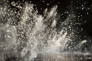 A black and white photo of a white explosion with smoke and sparks