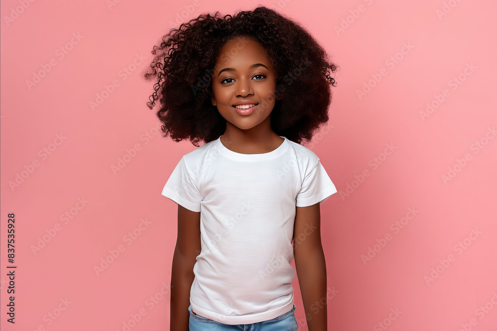 Wall mural a young girl with curly hair wearing a white t - shirt. - Wall murals