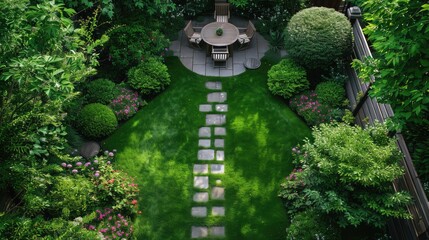 The beautiful summer garden at home boasts a stunning design with lush green trees, vibrant flowers, and a backdrop of nature bathed in sunlight during the spring, creating an enchanting outdoor space