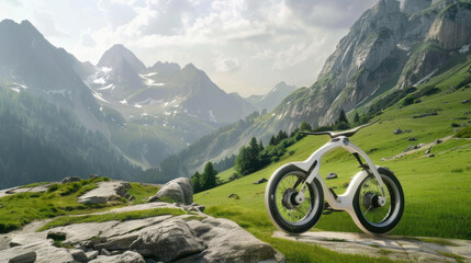 Hybrid bicycle equipped with smart navigation systems traversing scenic countryside trails, harmonizing modern mobility with the serenity of nature.