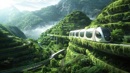 Eco-friendly public transit system winding through verdant mountain landscapes, offering passengers a green commute experience.