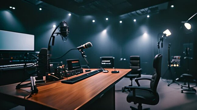 Podcasting studio space with fancy microphones and spotlights