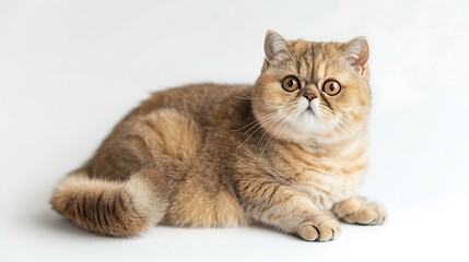 Obraz premium A relaxed Exotic Shorthair cat sitting calmly, highlighting its round face and short, dense coat, with its large, round eyes giving a gentle and serene expression, white background