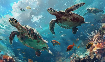 Fototapeta premium Graceful sea turtle glide across the sea of bright colors of the underwater world ai generated