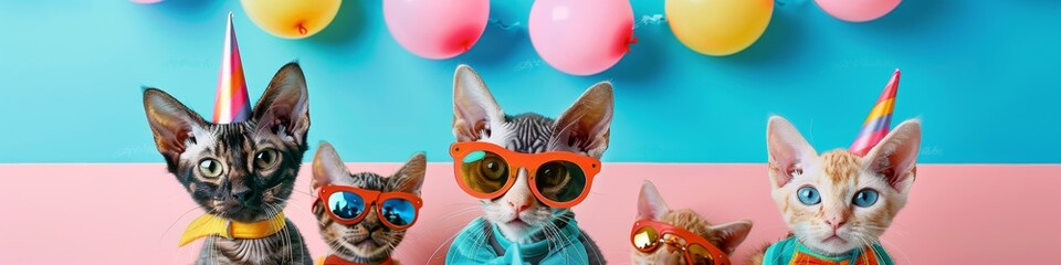 Creative animal concept. Group of Devon Rex kittens wearing trendy quirky cool character colorful outfits on bright background for advertising, copy space. Birthday party invitation banner, 4k HD wall