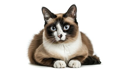 A relaxed Snowshoe cat sitting calmly, displaying its unique white markings on paws and face, with its short coat and striking blue eyes, white background