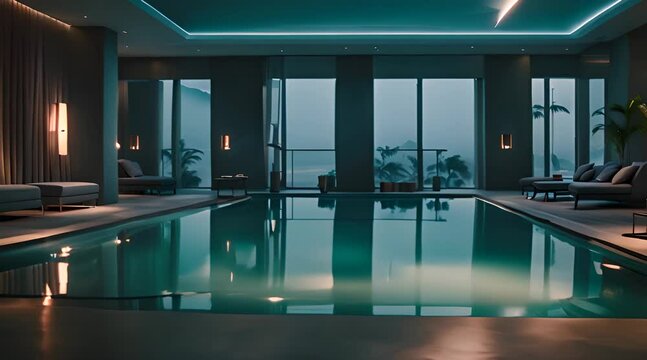 Modern luxury hotel interior with comfortable swimming pool
