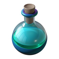 Mystical potion glass holds transparent fluid Elixir brews in potion bottle Magic render of 3D vial showcases alchemy Teal liquid isolated on white background