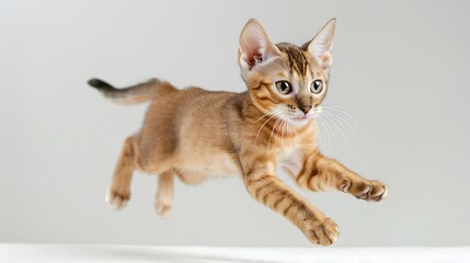 Obraz premium A playful Abyssinian kitten jumping mid-air, capturing its lithe body and short, ticked coat, with its large ears and almond-shaped eyes reflecting its energetic nature, white background