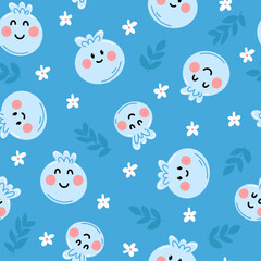 Cute smiling blueberries seamless pattern