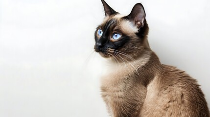 A sleek Siamese cat sitting upright with its slender body and pointed ears, gazing off to the side with its striking blue almond-shaped eyes, highlighting its short, glossy coat, white background