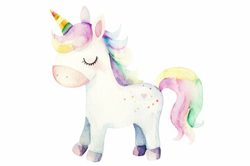 Watercolor Unicorn with Rainbow Mane and Tail