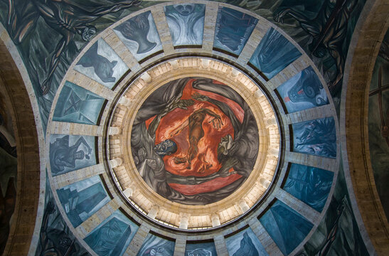 The work of the artist Jose Clemente Orozco, called, EL HOMBRE EN LLAMAS or THE MAN ON FLAMES, inside the dome of the HOSPICIO CABA&Ntilde;AS in Guadalajara Jalisco, cultural and tourist attraction of MEXICO