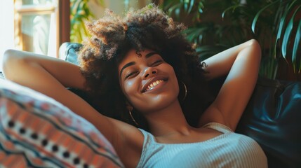 Happy afro american woman relaxing on the sofa at home - Smiling girl enjoying day off lying on the couch - Healthy life style, good vibes people and new home concept AI generated