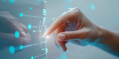 Fototapeta premium Interactive Future: Touching the Virtual Realm with Augmented Reality，Closeup finger touching screen, hand interacting with mixed reality application, augmented reality finger, finger isolated on whit