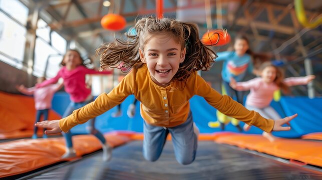 Family enjoying a day at a trampoline park, everyone jumping and flipping, energetic and fun, colorful indoor setting