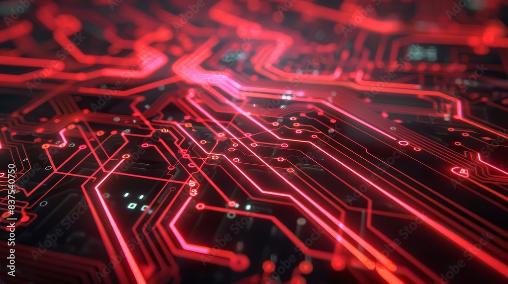 Poster high-tech circuit board with red lighting - an intricate circuit board design highlighted by red ill