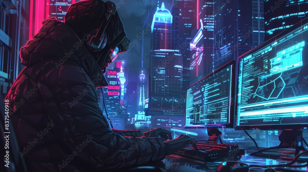 Poster cyberpunk hacker in neon-lit room - a hooded figure sits before multi-screen computer setup in a vib