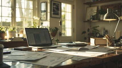 A laptop at a desk. The laptop is open and has a screen that displays some text. surrounded by various items, such as books and potted plants, which suggest a home office environment.