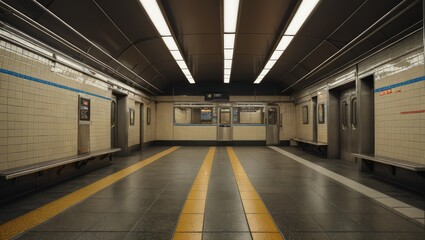 Empty Subway Platform with Yellow Lines
