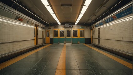 Empty Subway Platform with Yellow Doors