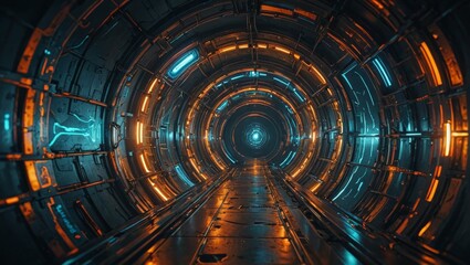 Futuristic Sci-Fi Tunnel with Orange and Blue Lights