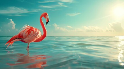 Fototapeta premium A pink flamingo is standing in the water