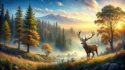 wallpaper featuring a natural landscape with deer and trees , , wallpaper, natural, landscape, deer, trees, forest, woodland, scenery, serene, tranquil, wilderness, animals, wildlife, digital
