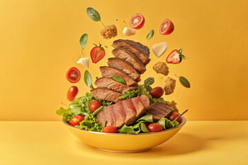 Meat falling, Grill Chops steaks, realistic 3d brisket flying in the air, grilled meat collection, ultra realistic angle view food photo, steak composition 
