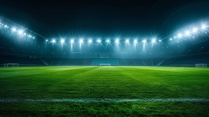 Obraz premium Soccer stadium lights shining brightly on the green field night scene emphasizing the anticipation and energy of the game