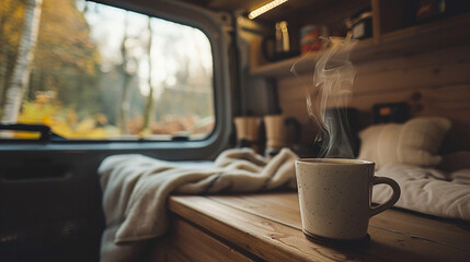 Steaming coffee cup in a campervan interior highlighting the simplicity and tranquility of van life and slow living
