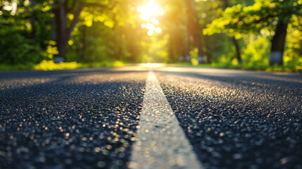 Fototapeta premium Empty asphalt road in the morning bright sunlight ahead symbolizing hope and the path to a bright future