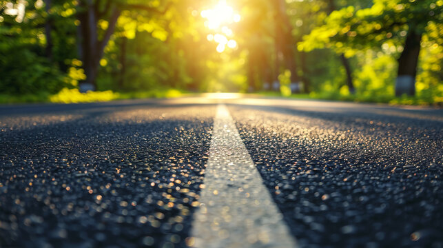Empty asphalt road in the morning bright sunlight ahead symbolizing hope and the path to a bright future