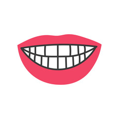 Happy smile red lips with white teeth. Hand drawn cartoon mouth symbol. Happiness Dental health Dentistry Stomatology symbol. Isolated vector illustration