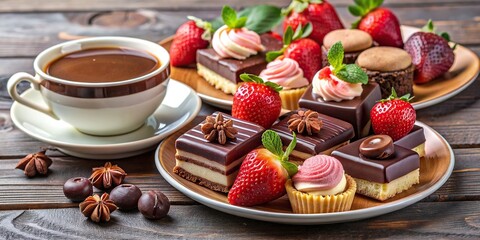 Plate of assorted desserts with a cup of chocolate and strawberries on a table, desserts, chocolate, strawberries, sweets, treat, indulgence, delicious, pastry, bakery, confectionery