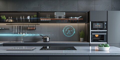 Modern kitchen with appliances that have visible electric interfaces and controls generated by AI