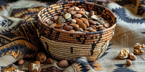 Obraz premium A traditional African woven bowl, filled with assorted nuts and seeds generated by AI