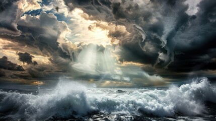 Fototapeta premium Sun rays from dark clouds reflecting off wavy and choppy ocean surface, Symbolizes natural imbalance.