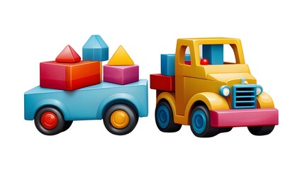 cutout set of 3 colorful classic toddler or baby toys of car wheels, xylophone and geometric cubes isolated on transparent png background.