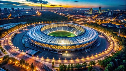 Drone shot of illuminated Olympic stadium at night