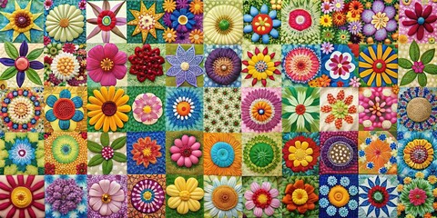 Vibrant patchwork of connected patterns creating spring flower shapes