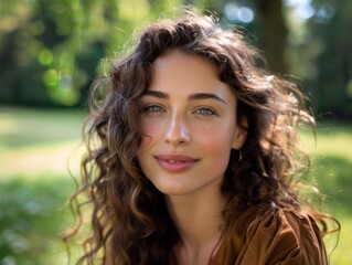 Naklejka premium Curly-Haired Woman with Green Eyes in Park. Generative AI.