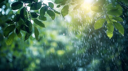 Naklejka premium Rain drops falling from tree leaves, blurred forest background, sunlight rays shining through the raindrops. beautiful light and shadow effects on the natural background. generative AI